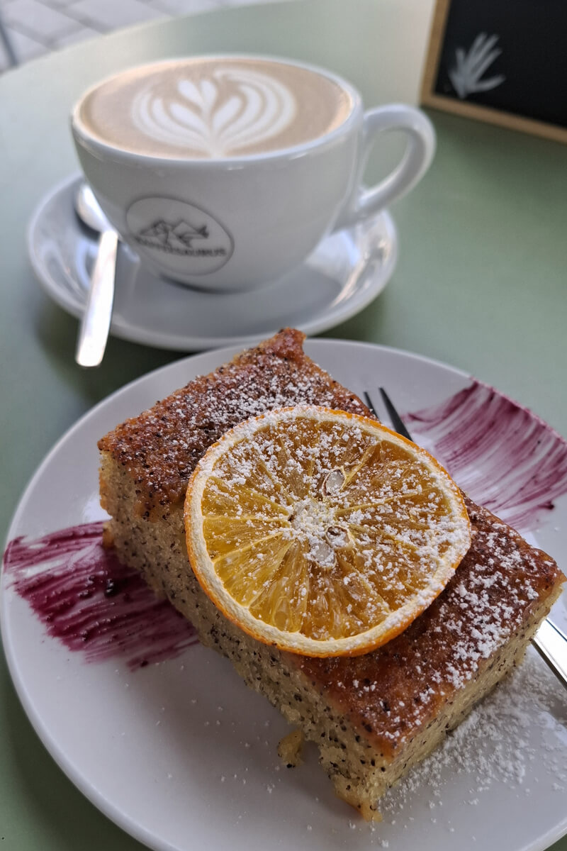 Veganer Kuchen und Cappuccino im Kaffeesaurus Bonn