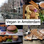 Vegan in Amsterdam Schriftzug vor mehreren Essenbildern und einem typischen Grachtenbild