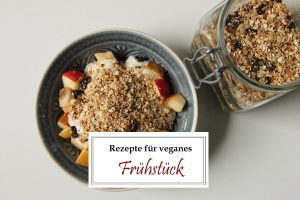 Titelbild mit einer Müslischale und Schriftzug Rezepte für veganes Frühstück