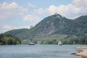 Drachenfels mit markanten Felsen und Weinbergen