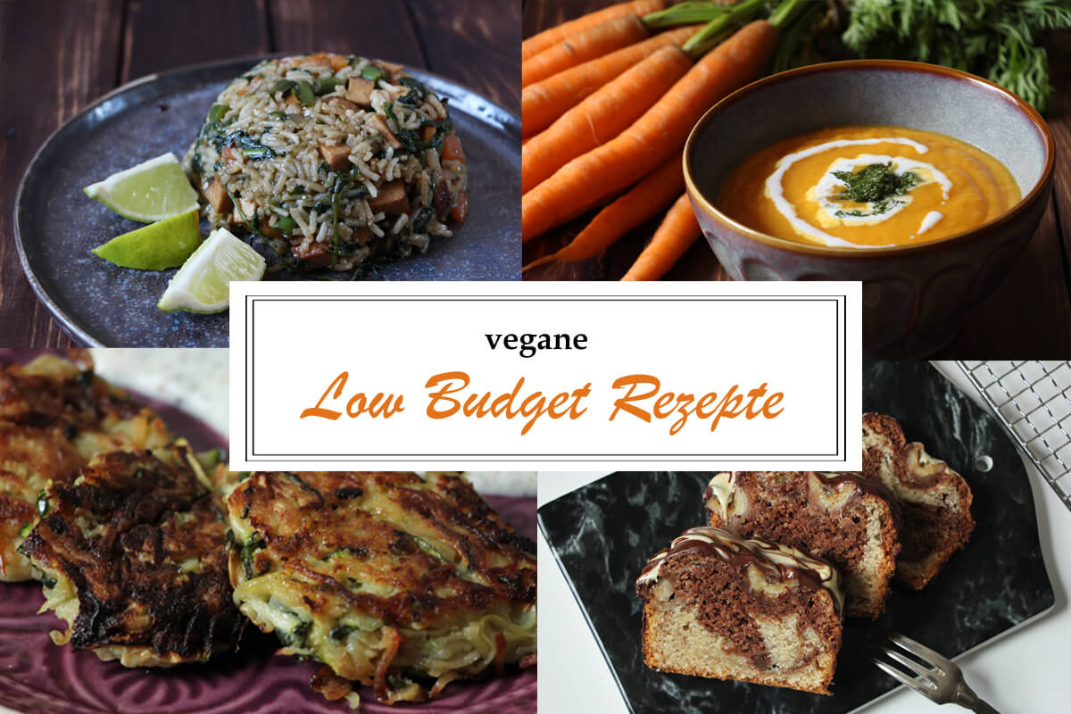 vegane Low Budget Rezepte, Titelbild mit Collage und Schriftzug