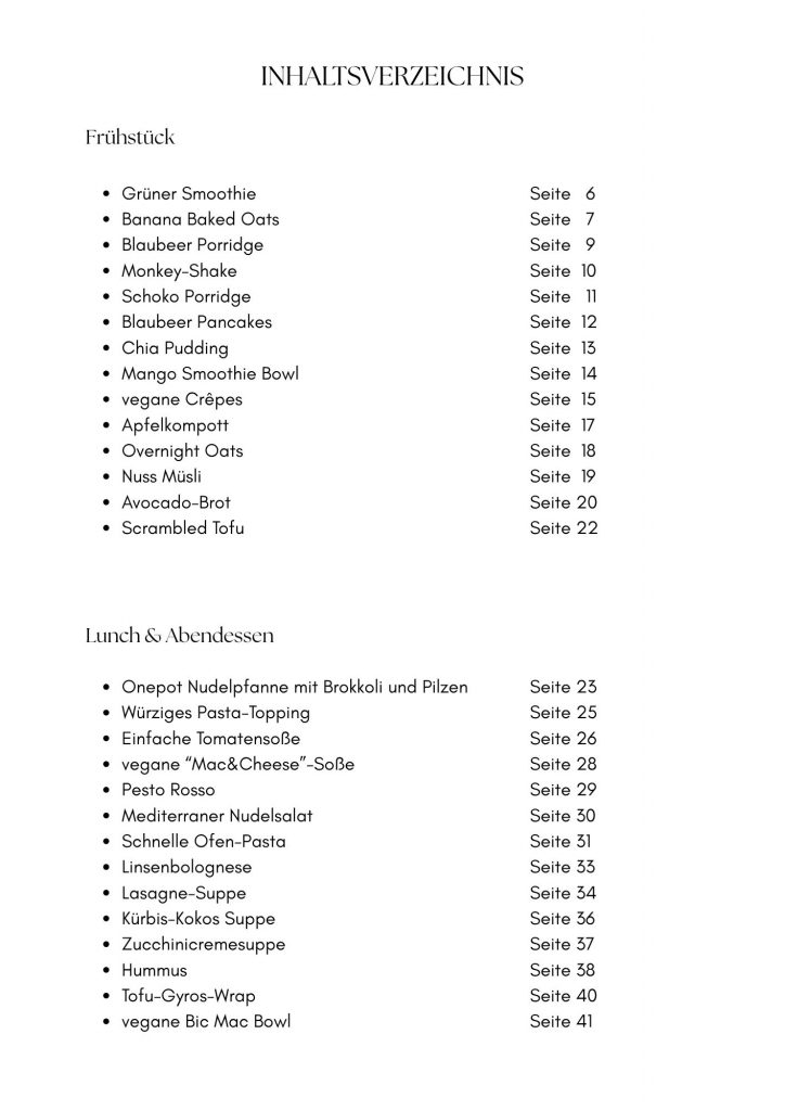Einfach vegane Alltagsküche, Einblick ins Inhaltsverzeichnis