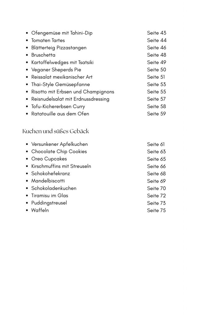 Einfach vegane Alltagsküche, Einblick ins Inhaltsverzeichnis