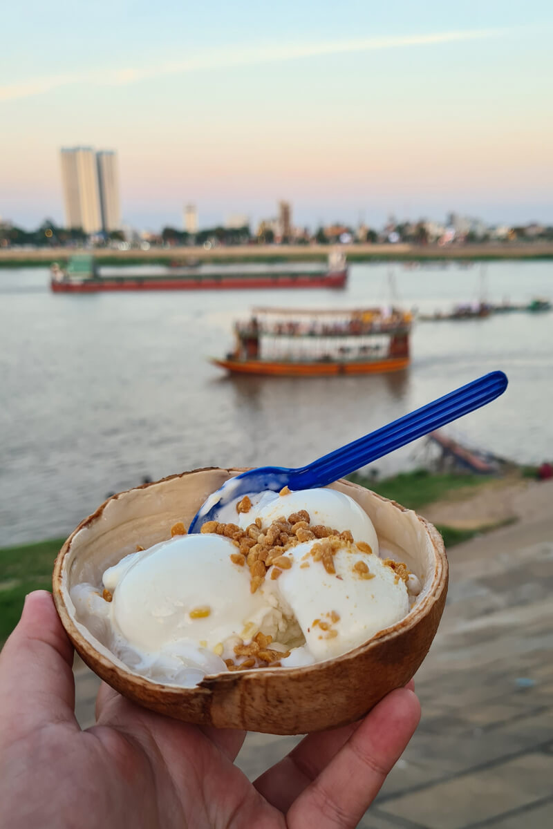 Coconut Icecream serviert in einer Kokosnussschale