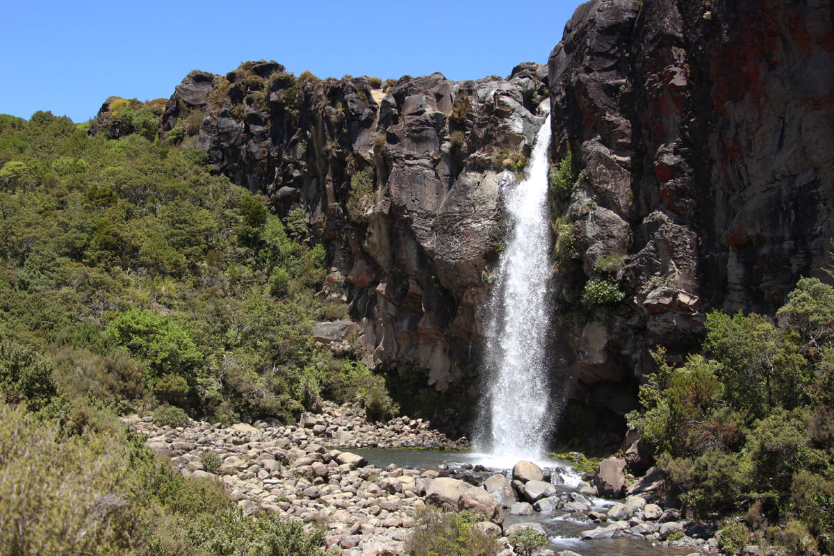 Die Taranaik Falls ergießen sich in einem Strahl über Basaltfelsen.
