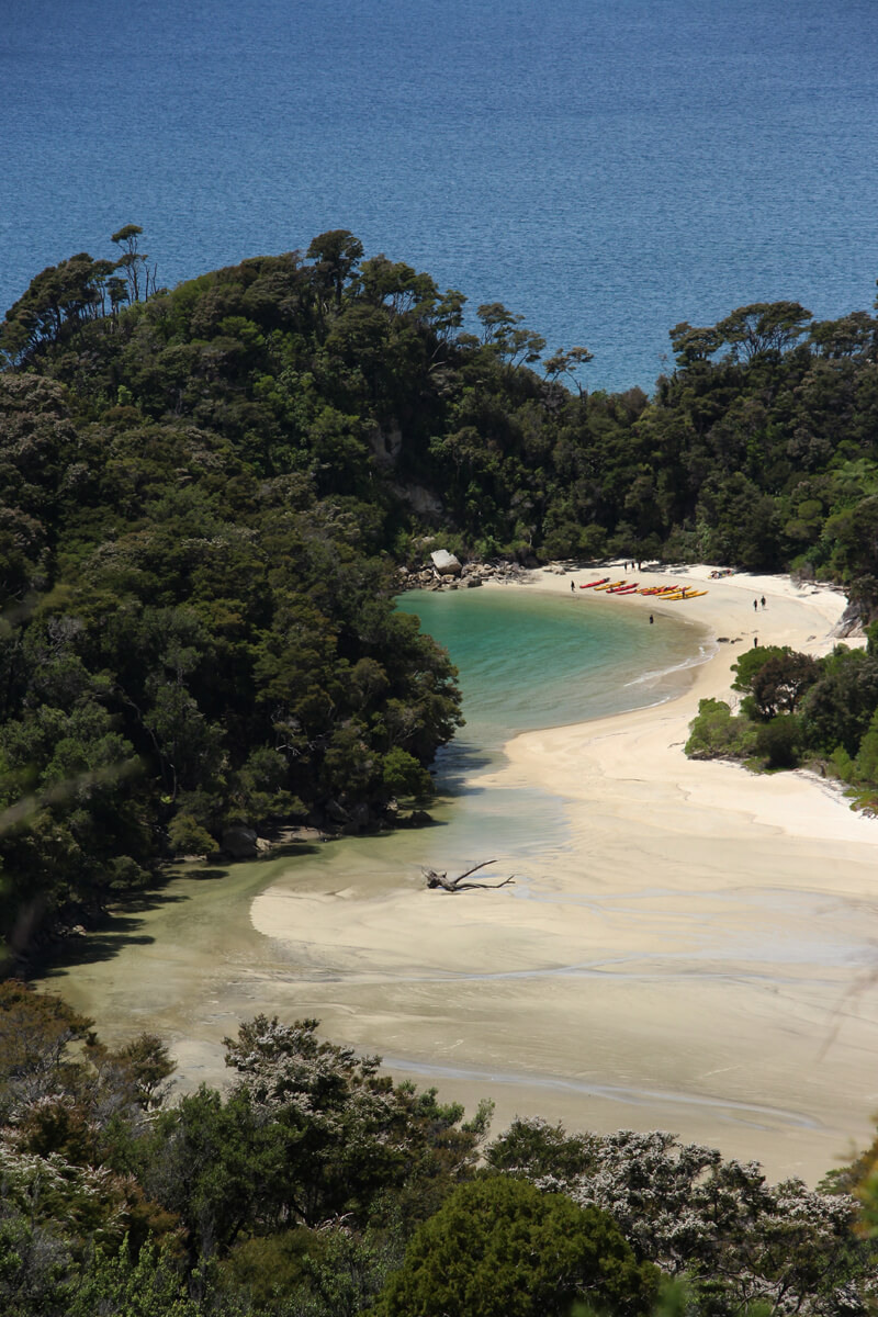 Kajaks an einem Strand im Abel Tasman Nationalpark