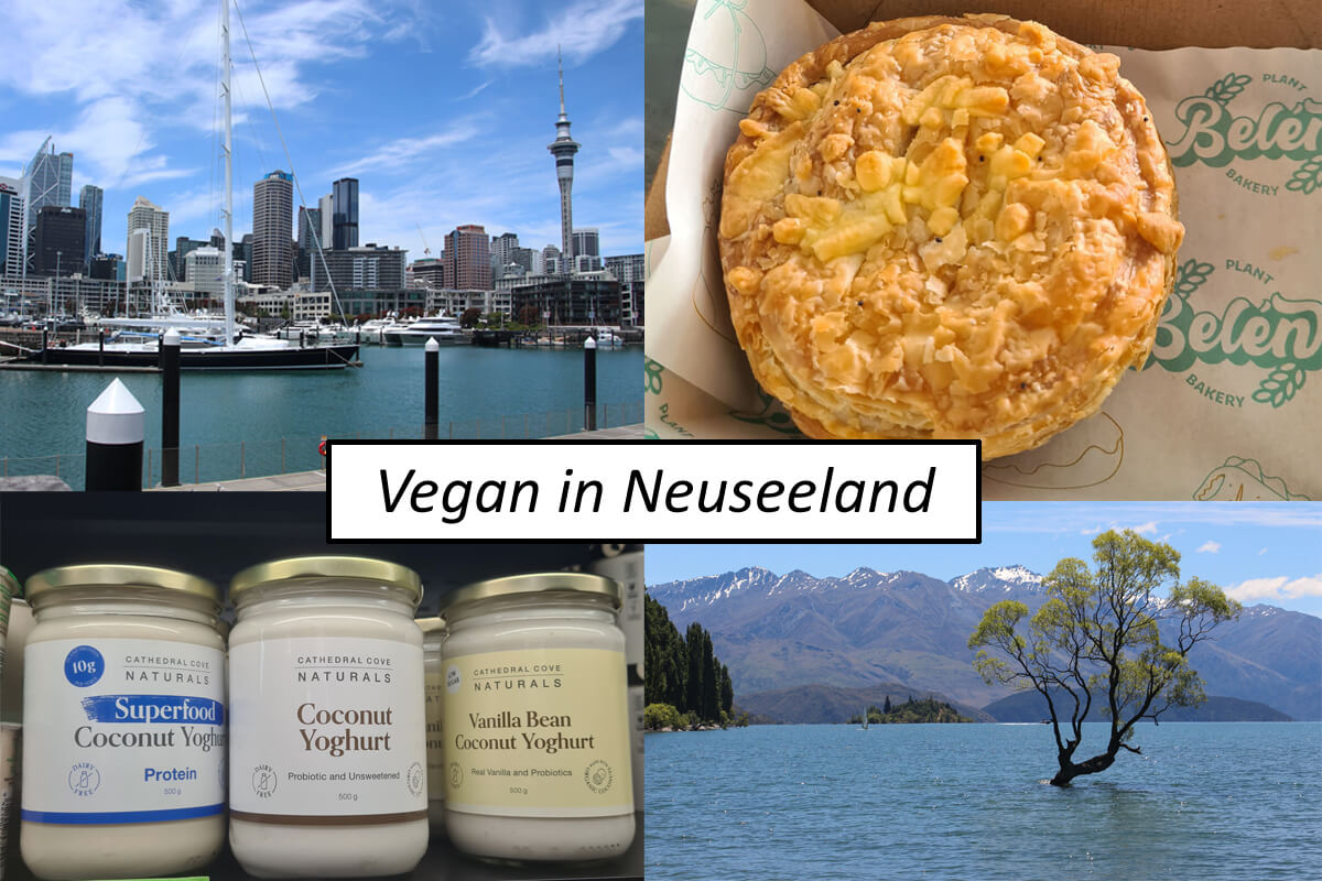 Vegan in Neuseeland, Titelbild mit Collage und Schriftzug