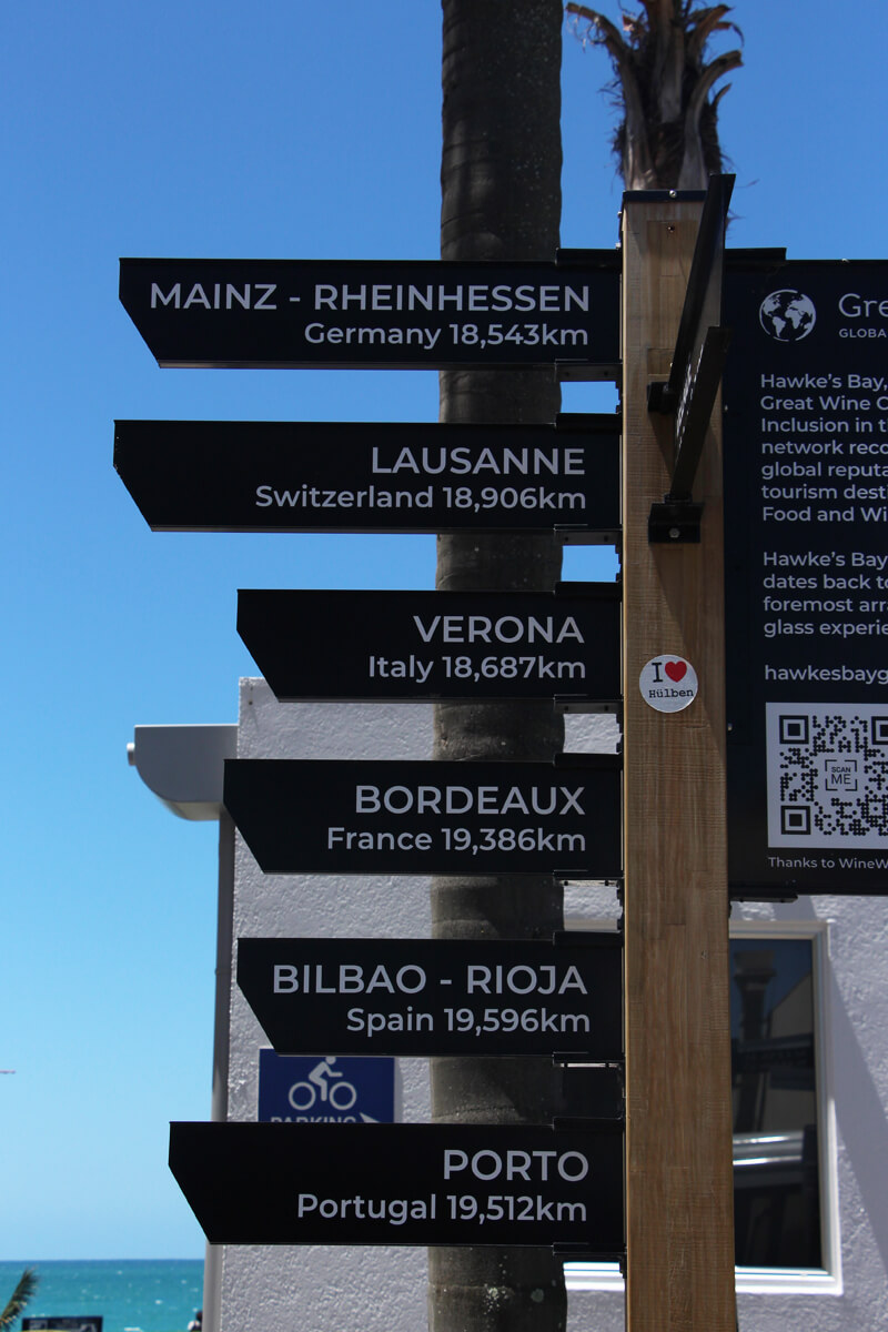 Schild mit Ortsenfernungen zu Städten in Europa